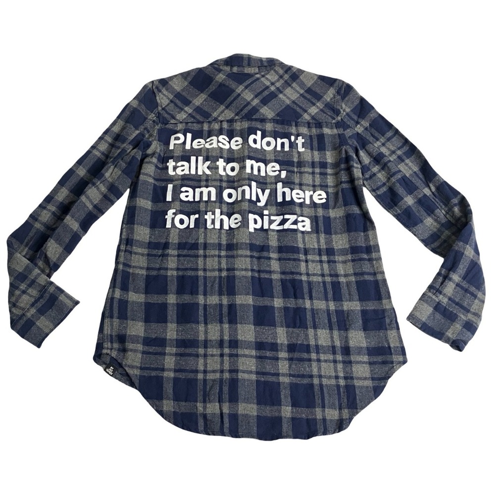 Jac Vanek Flannel Womens S Blue Plaid Pizza Graphic Grunge Statement Shirt NWT